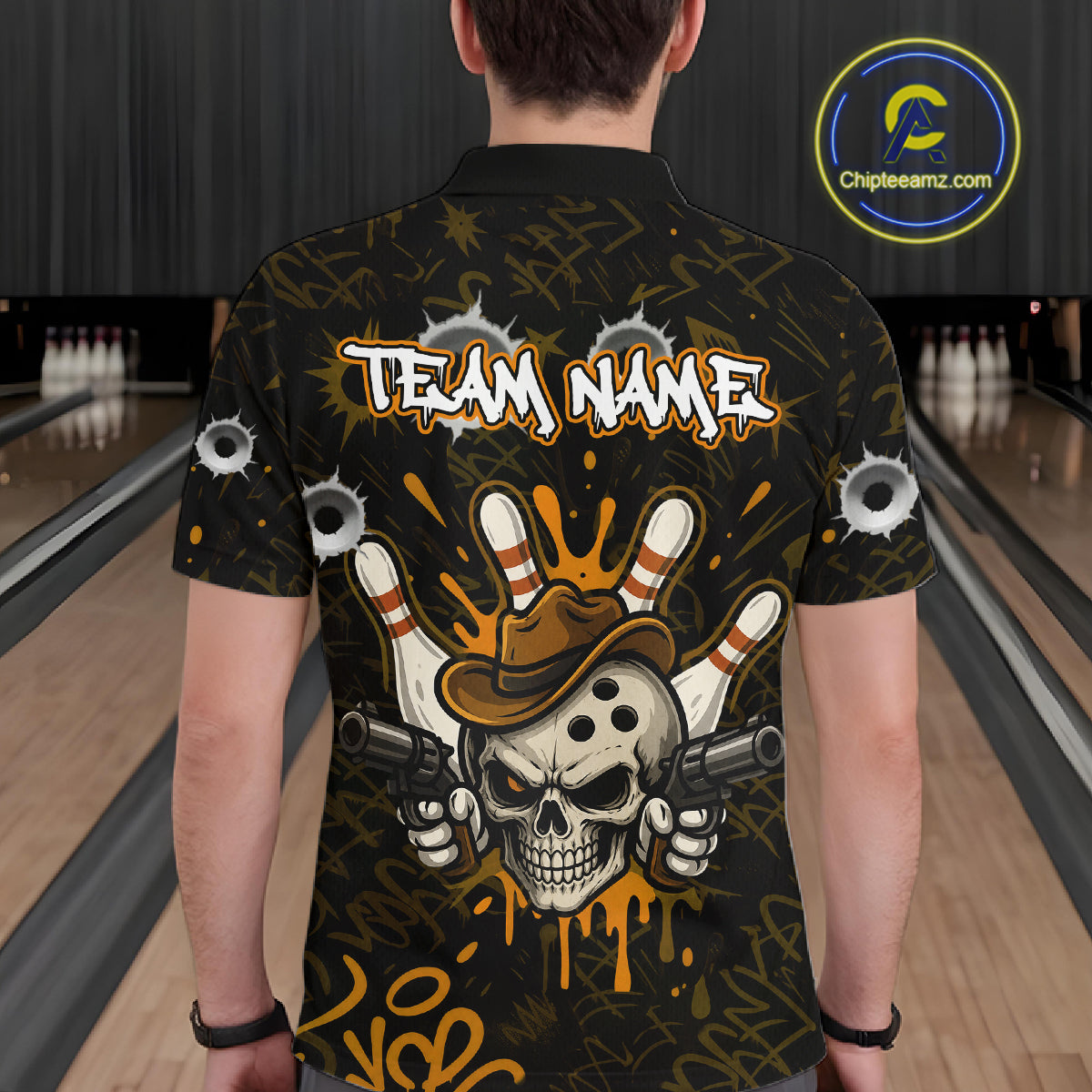 Man wearing black and orange funny cowboy skull bowling team jersey polo shirt featuring cowboy skull artwork, back view.