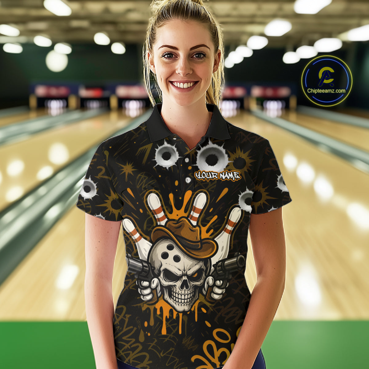 Woman wearing black and orange funny cowboy skull bowling team jersey polo shirt featuring cowboy skull artwork, front view.