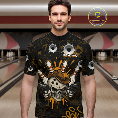 Man wearing black and orange funny cowboy skull bowling team jersey quarter zip shirt featuring cowboy skull artwork, front view.