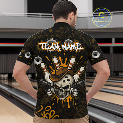 Man wearing black and orange funny cowboy skull bowling team jersey quarter zip shirt featuring cowboy skull artwork, back view.
