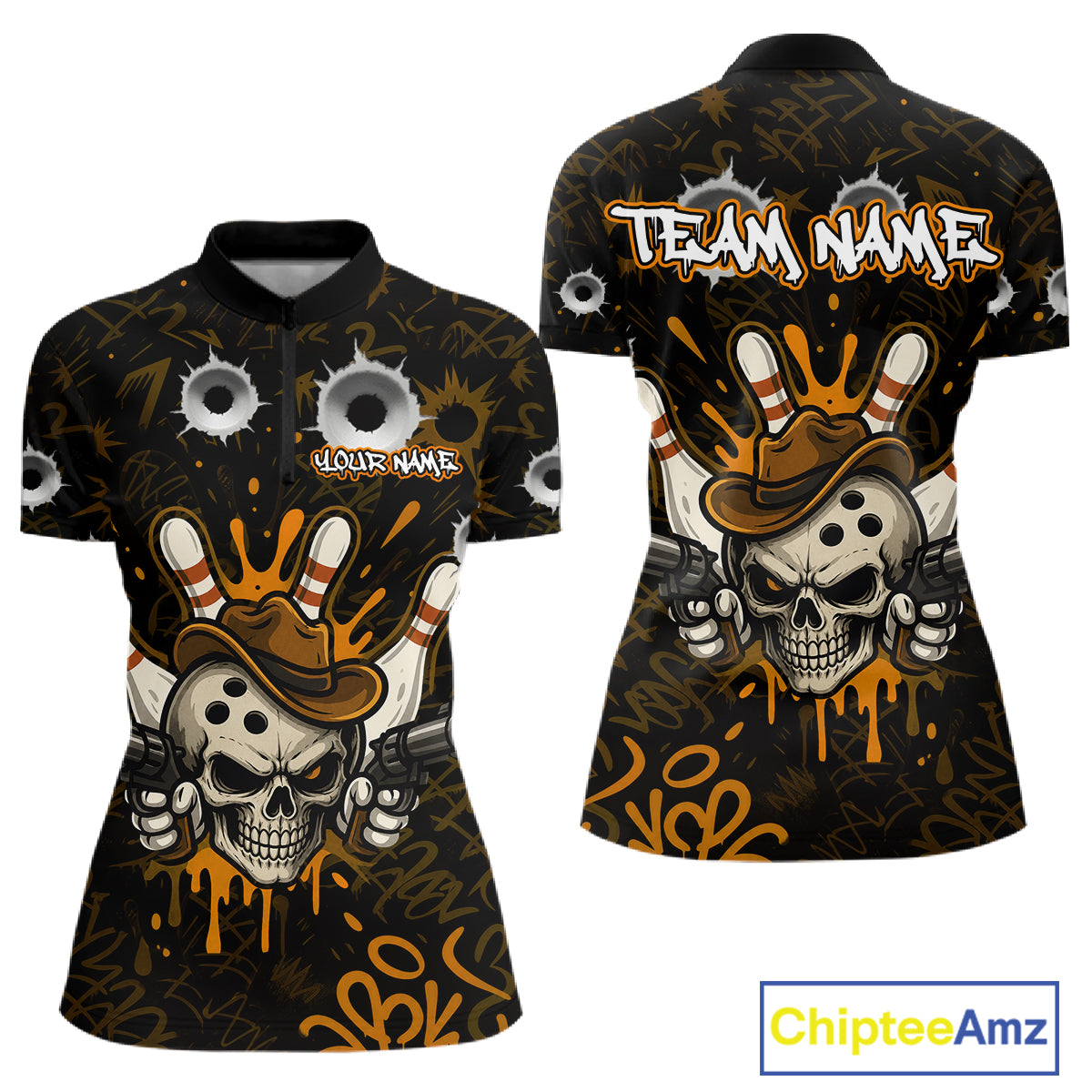 Black and orange funny cowboy skull bowling team jersey quarter zip shirt for women featuring bold cowboy skull bowling artwork, premium custom bowling league apparel.