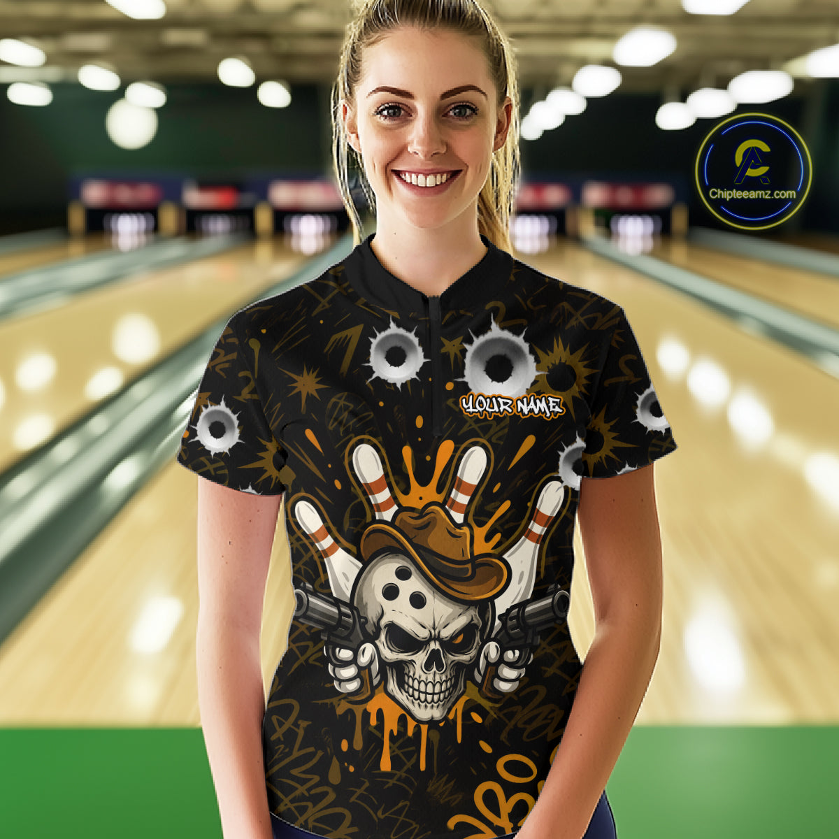 Woman wearing black and orange funny cowboy skull bowling team jersey quarter zip shirt featuring cowboy skull artwork, front view.
