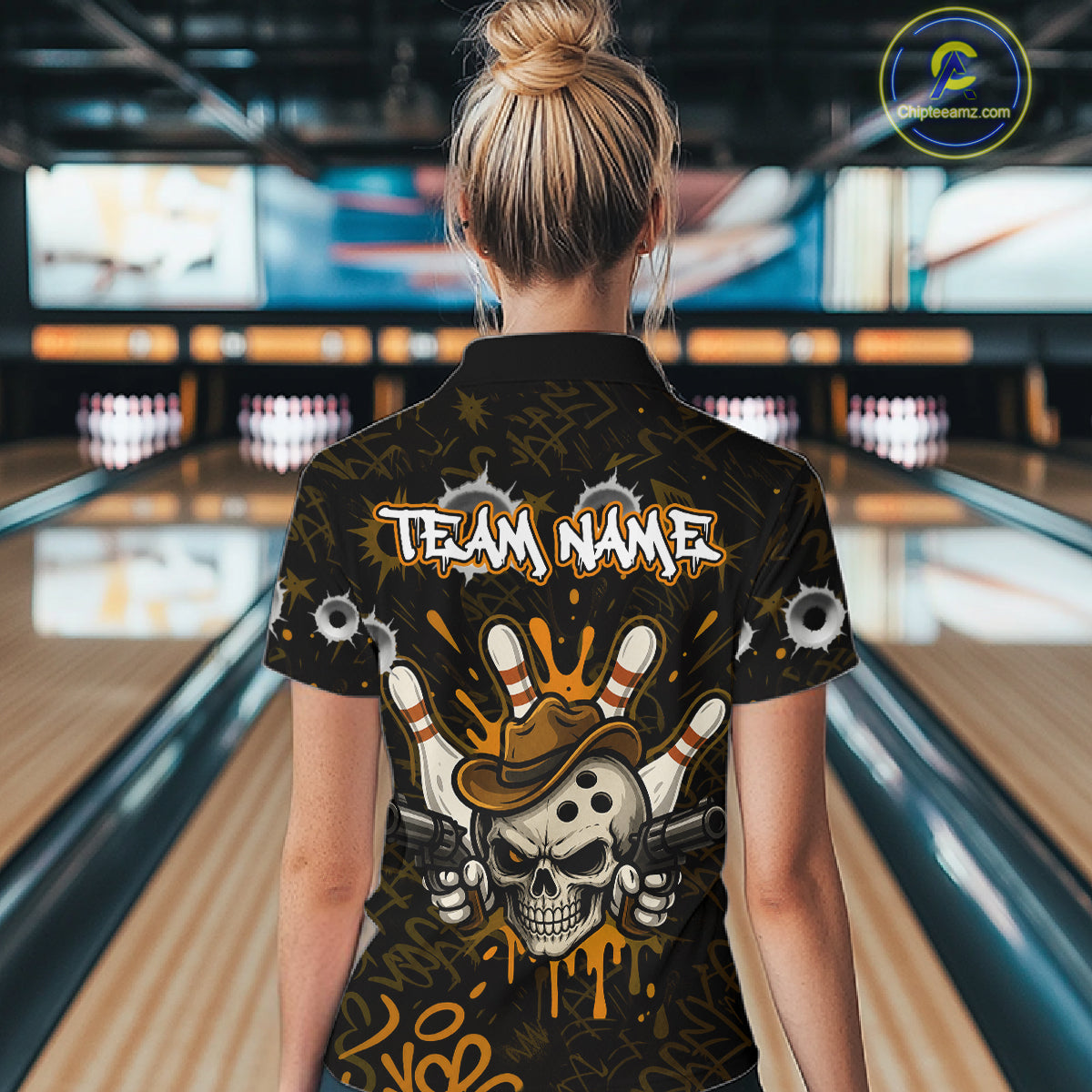 Woman wearing black and orange funny cowboy skull bowling team jersey polo shirt featuring cowboy skull artwork, back view.
