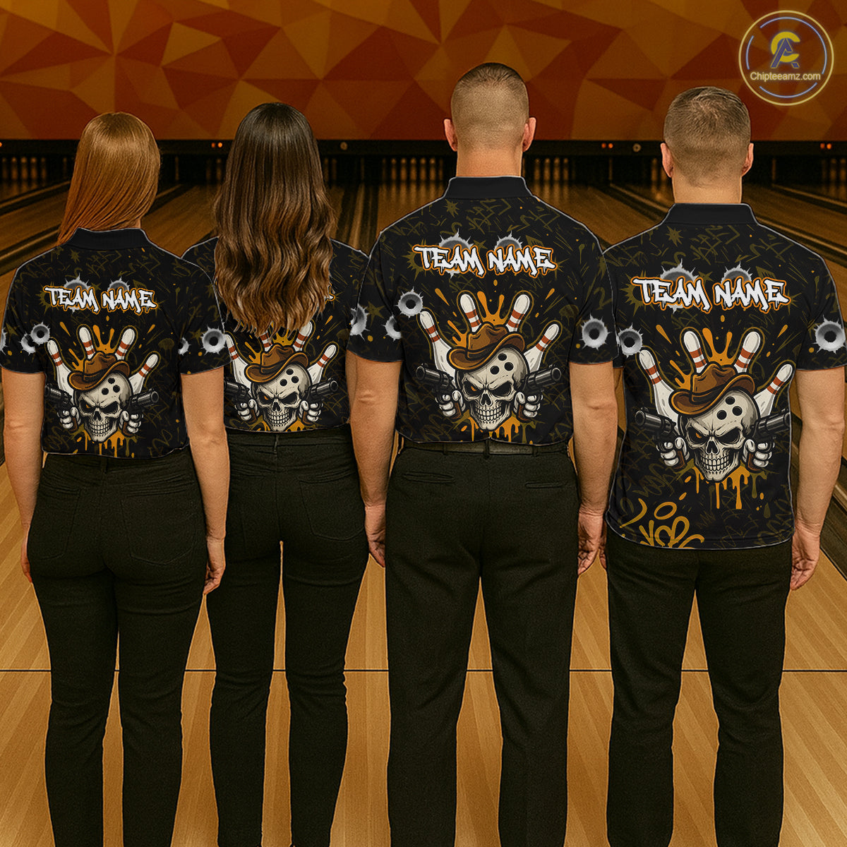Bowling team wearing matching black and orange funny cowboy skull bowling team jerseys, back view.