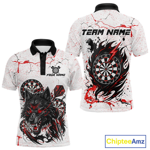 Personalized White Grunge Wolf Darts Shirt For Men Custom Darts Team Jersey Polo & 1/4 Zip| Red TDM5281