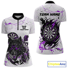 Load image into Gallery viewer, Personalized White Grunge Wolf Darts Shirt For Women Custom Darts Team Jersey Polo &amp; 1/4 Zip|Purple TDM5282