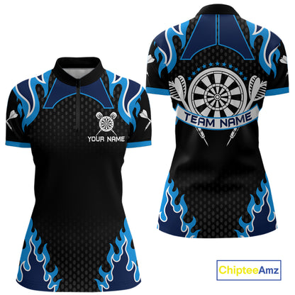 Black And Blue Flaming Darts Jersey Polo & Quarter Zip Custom Darts Team Shirt For Women TDM6146