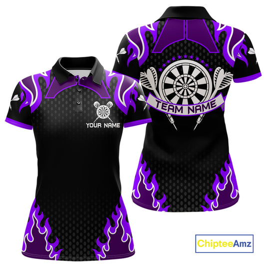 Black And Purple Flaming Darts Jersey Polo & Quarter Zip Custom Darts Team Shirt For Women TDM6147
