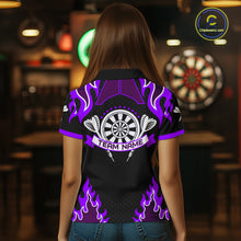 Load image into Gallery viewer, Black And Purple Flaming Darts Jersey Polo &amp; Quarter Zip Custom Darts Team Shirt For Women TDM6147