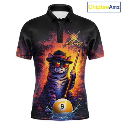 Vintage funny cat 9 ball billiard polo shirt for men with custom pool team graphics.