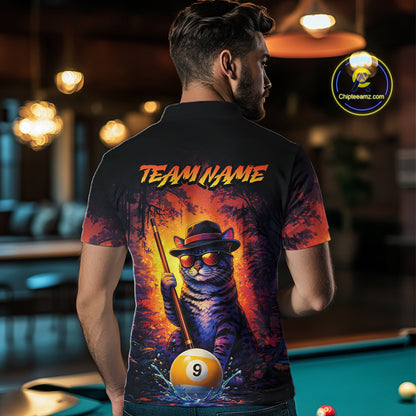 Back view of man wearing a vintage cat 9 ball pool shirt in a billiards hall.