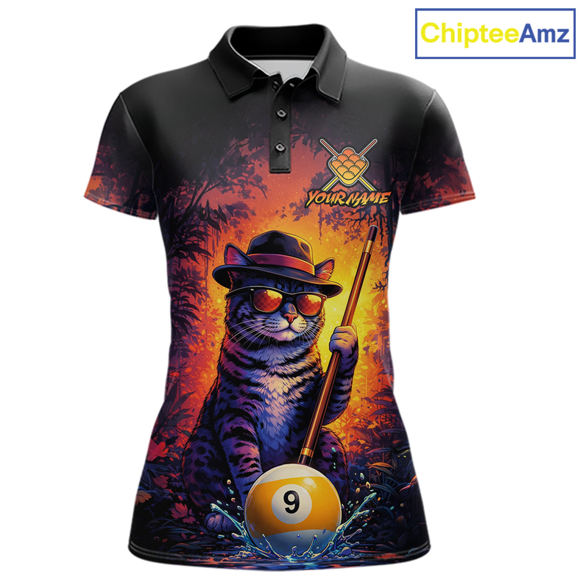 Vintage funny cat 9 ball billiard polo shirt for women with custom pool team graphics.