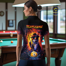 Load image into Gallery viewer, Back view of woman wearing a vintage cat 9 ball pool shirt in a billiards hall.