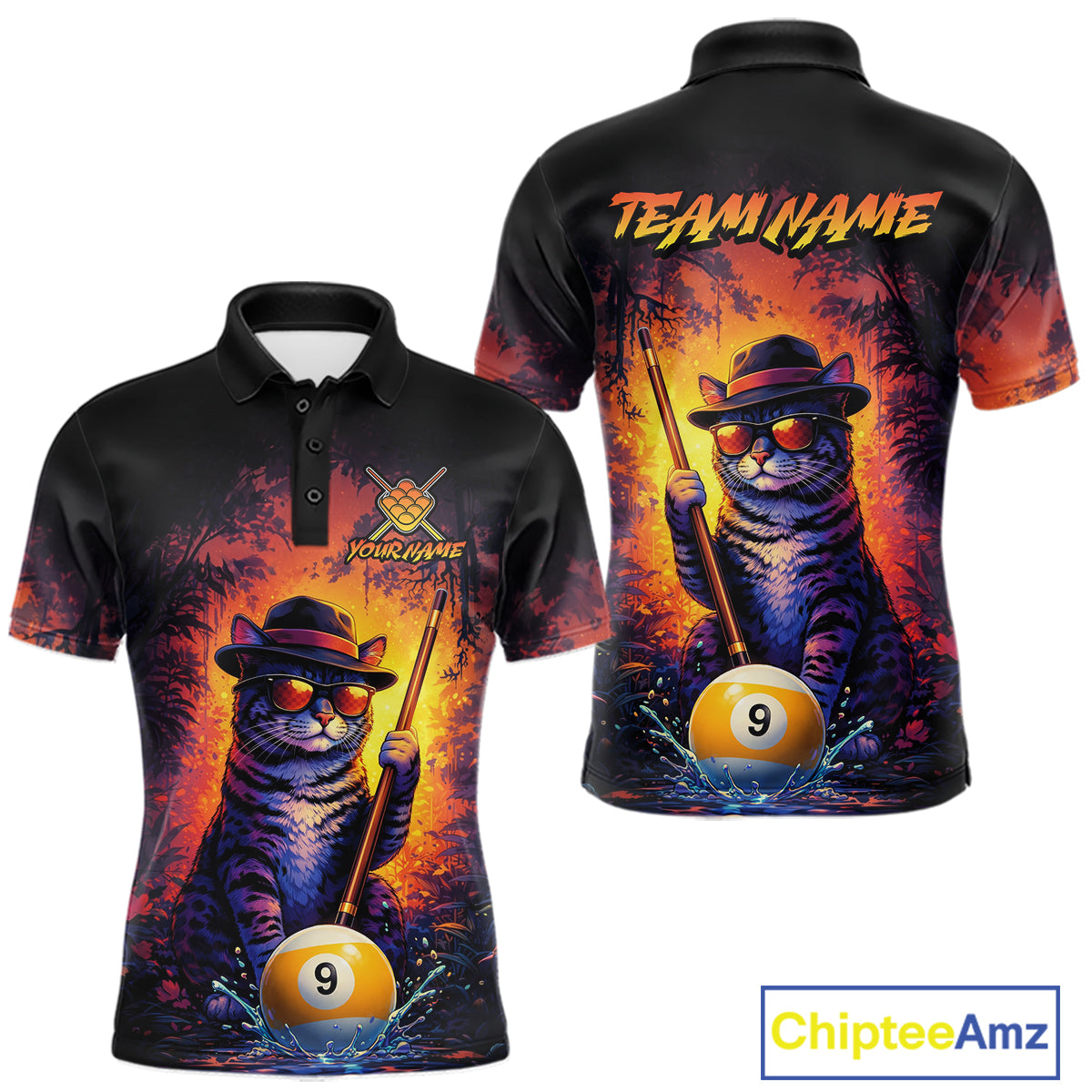 Vintage funny cat 9 ball billiard polo shirt for men with custom pool team graphics.