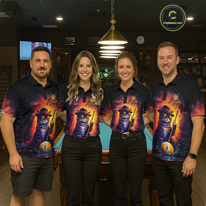 Pool team wearing matching vintage funny cat 9 ball billiard jerseys during tournament competition front view.