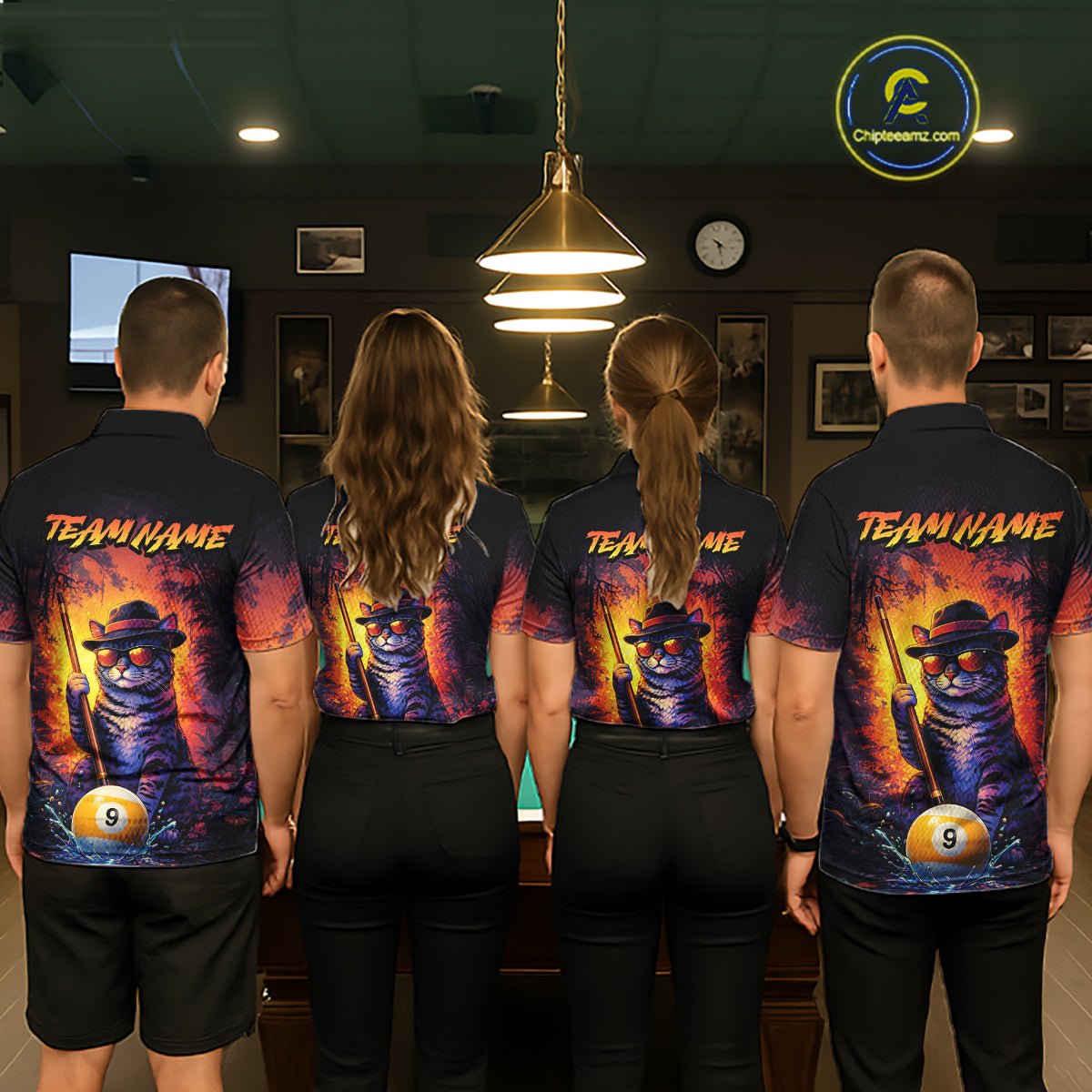 Back view of pool players wearing matching vintage cat billiard shirts in a game room.