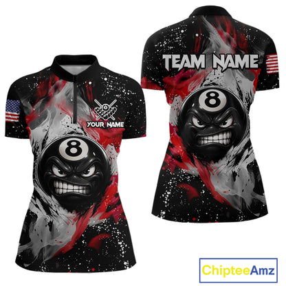 Black quarter zip shirt with 8-ball design and custom name, featuring American