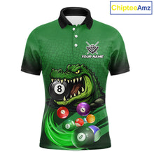 Load image into Gallery viewer, Green polo shirt with an alligator and billiard ball design, featuring customizable "Your Name" and "Team Name" text for a personalized look.