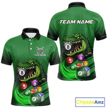 Load image into Gallery viewer, Green polo shirt with an alligator and billiard ball design, featuring customizable "Your Name" and "Team Name" text for a personalized look.