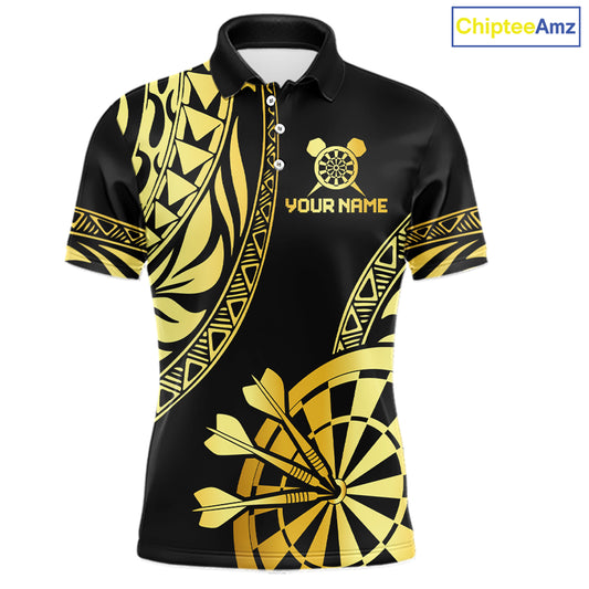 Black and gold tribal darts polo shirt for men with custom player name and team name.