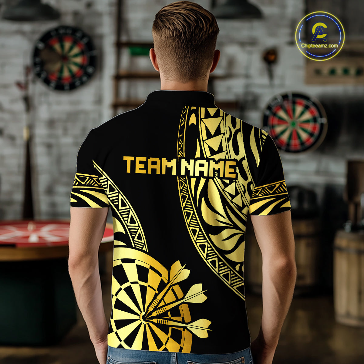 Custom Black And Gold Dartboard Tribal Darts Shirt For Men, Darts Team Jersey Polo & Quarter Zip TDM6630