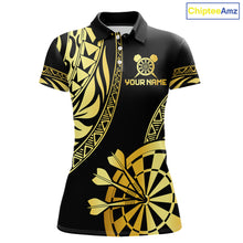 Load image into Gallery viewer, Black and gold tribal darts polo shirt for women with custom player name and team name.