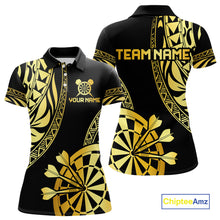 Load image into Gallery viewer, Black and gold tribal darts polo shirt for women with custom player name and team name.