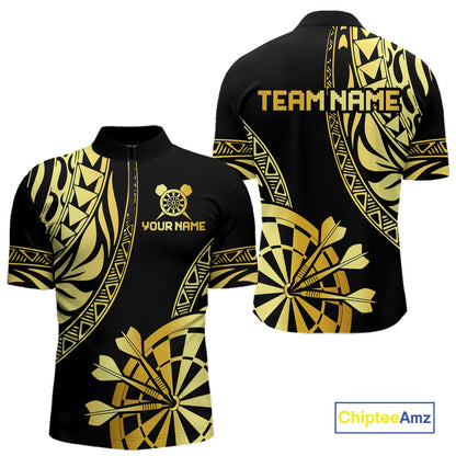 Black and gold tribal darts quarter zip shirt for men with custom player name and team name.
