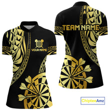 Load image into Gallery viewer, Black and gold tribal darts quarter zip shirt for women with custom player name and team name.