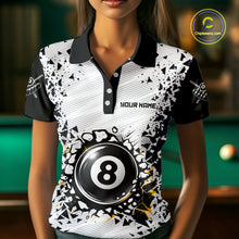 Load image into Gallery viewer, Woman wearing a funny crack 8 ball billiard jersey front view, custom pool team shirt.