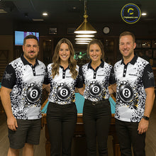 Load image into Gallery viewer, Pool team wearing matching funny crack 8 ball billiard jerseys front view.