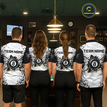 Load image into Gallery viewer, Back view of pool team wearing matching funny crack 8 ball billiard shirts
