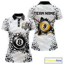 Load image into Gallery viewer, Funny crack 8 ball and 9 ball custom billiard polo shirt for women, pool team jersey and tournament apparel.