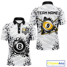 Load image into Gallery viewer, Funny crack 8 ball and 9 ball custom billiard polo shirt for men, pool team jersey and tournament apparel.