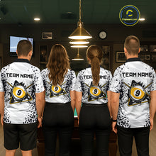 Load image into Gallery viewer, Back view of pool team wearing matching funny crack 8 ball and 9 ball billiard shirts.