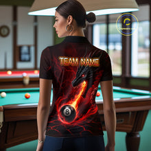 Load image into Gallery viewer, Back view of woman wearing a red dragon 8 ball pool fire billiard team jersey.