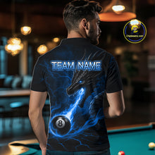 Load image into Gallery viewer, Back view of man wearing a blue dragon 8 ball pool fire billiard team jersey.