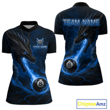 Load image into Gallery viewer, Custom dragon 8 ball pool fire quarter zip billiard shirt for women, blue pool team jersey uniform.