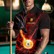 Load image into Gallery viewer, Man wearing a red dragon 9 ball pool fire billiard jersey front view, custom pool team shirt.