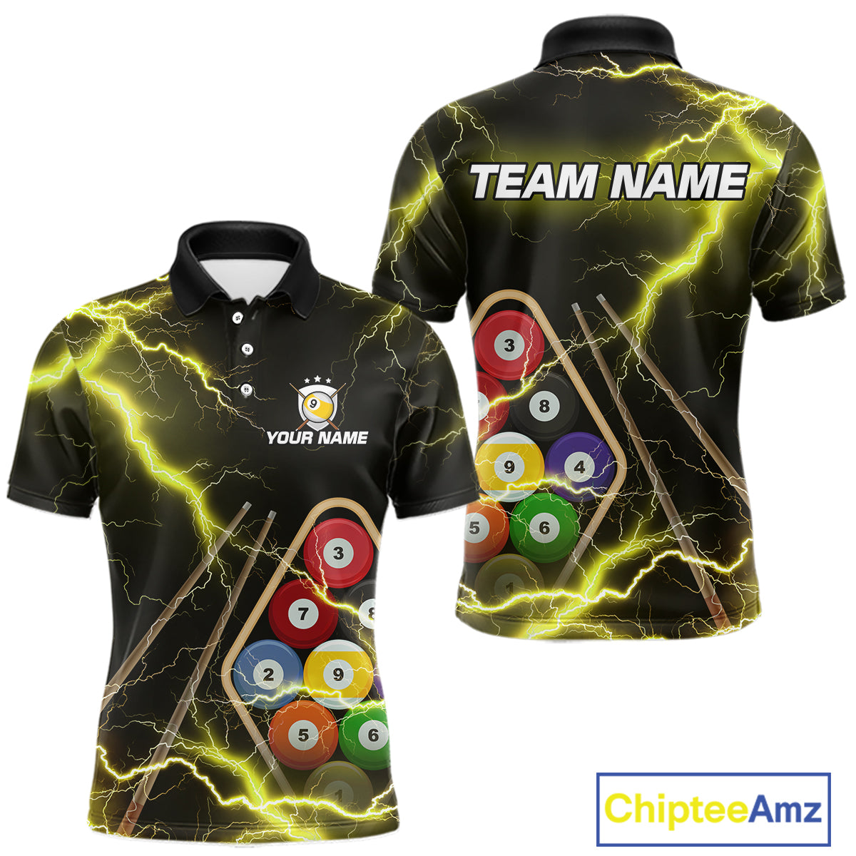 Yellow 9 Ball Thunder Lightning Billiard Shirts For Men Custom Pool Team Jersey Polo & 1/4 Zip TDM5980