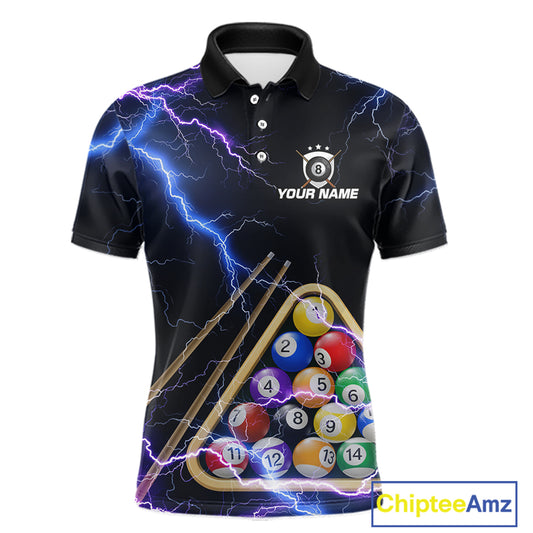 Blue Purple 8 Ball Thunder Lightning Billiard Shirt For Men Custom Pool Team Jersey Polo, 1/4 Zip TDM5982