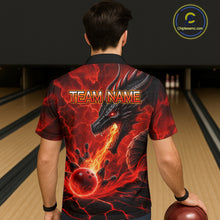 Load image into Gallery viewer, Back view of man wearing personalized dragon bowling Hawaiian shirt with red fire flame design.