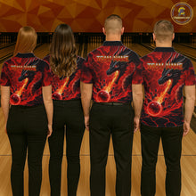 Load image into Gallery viewer, Bowling team wearing matching dragon fire flame red jerseys back view.