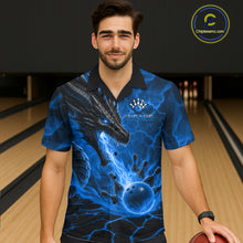 Load image into Gallery viewer, Man wearing personalized dragon bowling Hawaiian shirt with blue fire flame design front view.