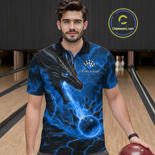 Load image into Gallery viewer, Man wearing dragon fire flame blue bowling polo shirt front view.