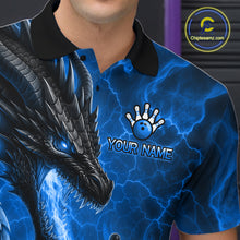 Load image into Gallery viewer, Close up of dragon fire flame blue bowling polo shirt collar, buttons and chest design.