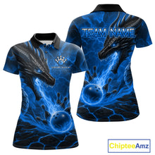 Load image into Gallery viewer, Dragon fire flame blue bowling team polo shirt for women with dragon artwork.