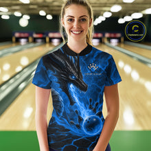 Load image into Gallery viewer, Woman wearing dragon fire flame blue bowling quarter zip shirt front view.