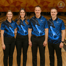 Load image into Gallery viewer, Bowling team wearing matching dragon fire flame blue jerseys front view.