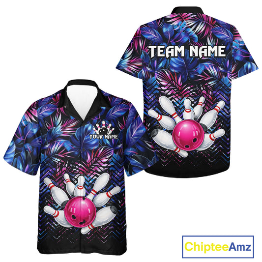 Blue And Pink Tropical Floral Bowling Hawaiian Shirt For Men Women Custom Bowling Team Jersey TDM6222
